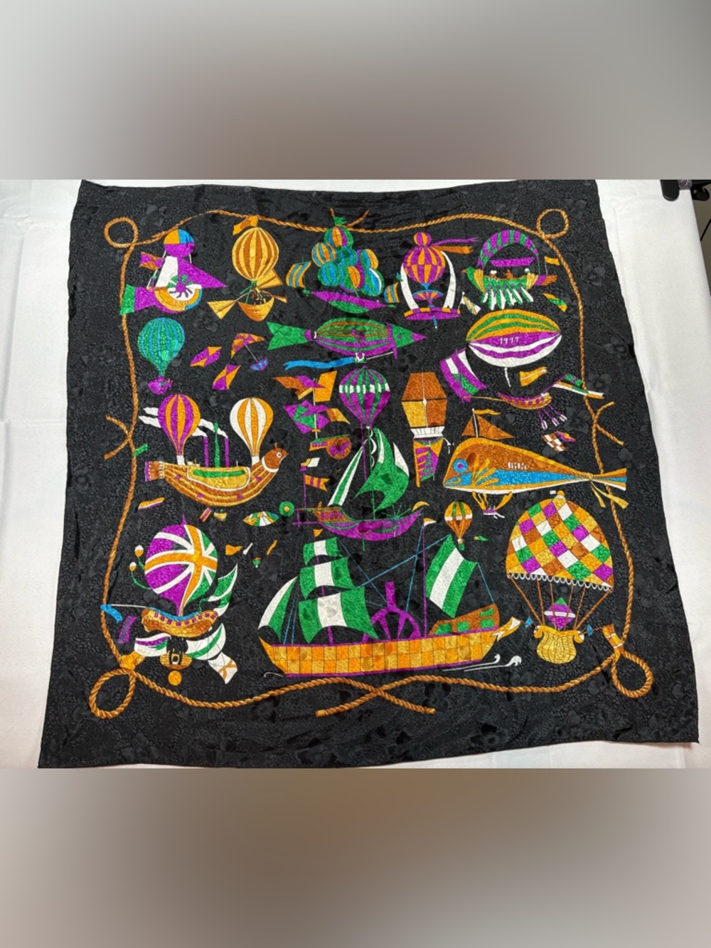 Vintage 90s Hot Air Balloon Silk Style Scarf Black